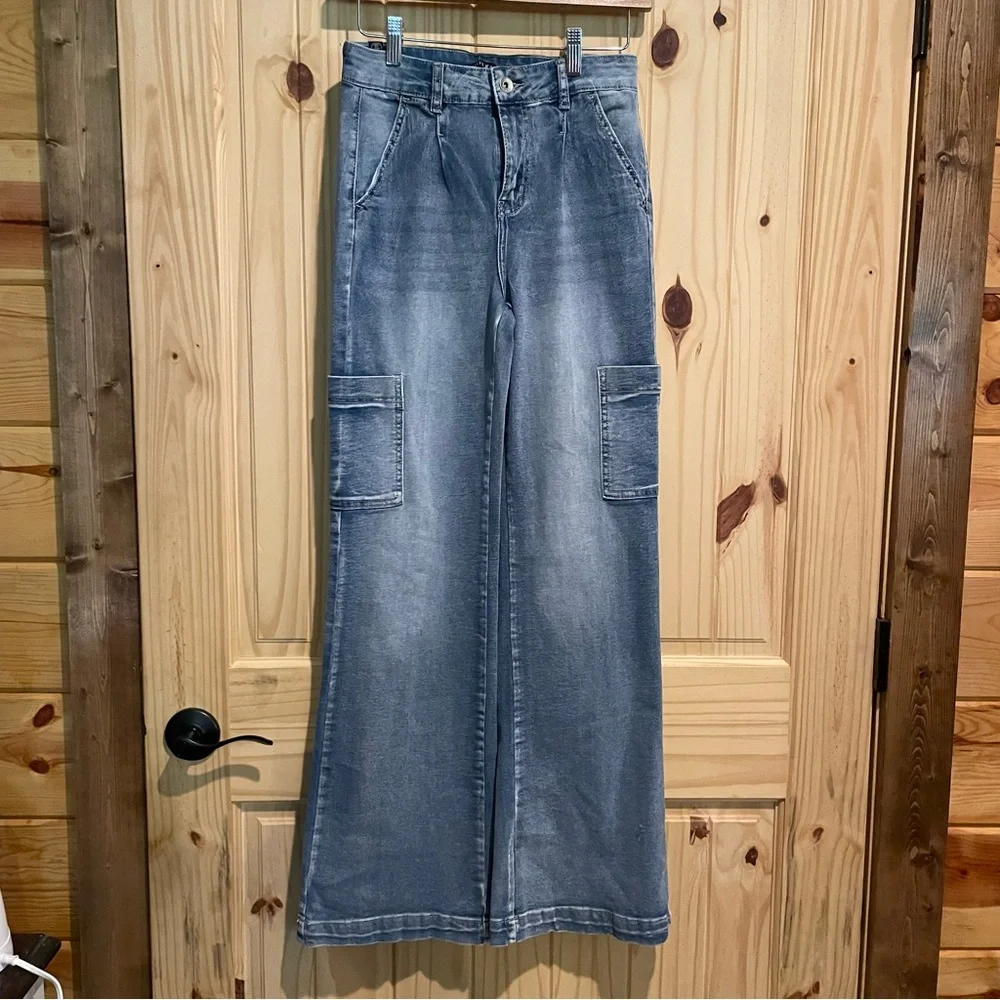 Elite Jeans Womens High Waist Wide Leg‎ Cargo Denim Blue Jeans P23972H Size 9/29